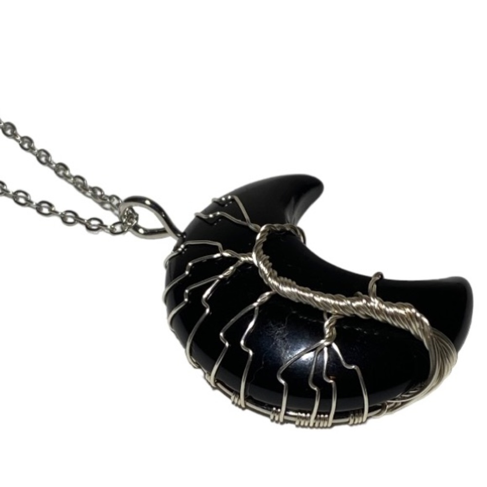 Black Onyx Moon Shaped Gemstone Wire Wrapped Tree Of Life Pendant Necklace